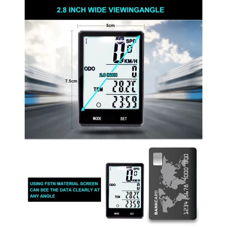 2.8 inch English Wireless Waterproof Cycle Computer LCD Odometer Speedometer with Extension Holder