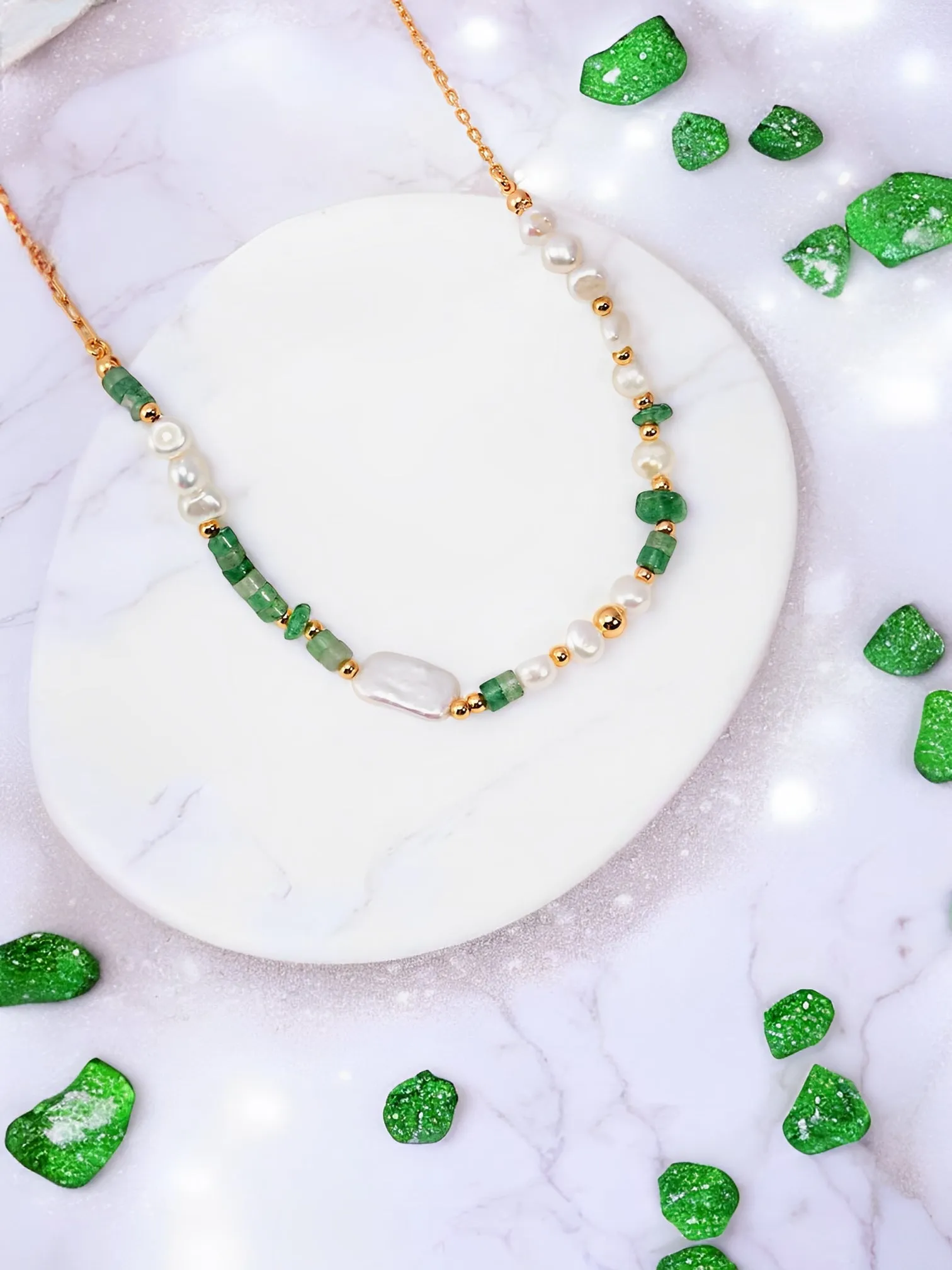 Adriana - Aventurine Beads with Pearl Necklace