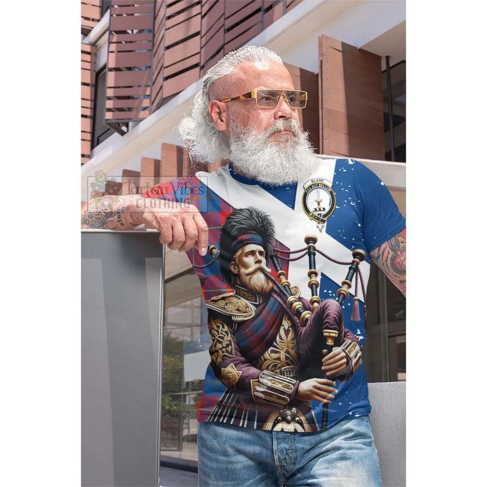 Blane Tartan Cotton T-shirt with Family Crest Scottish Bagpiper Vibes
