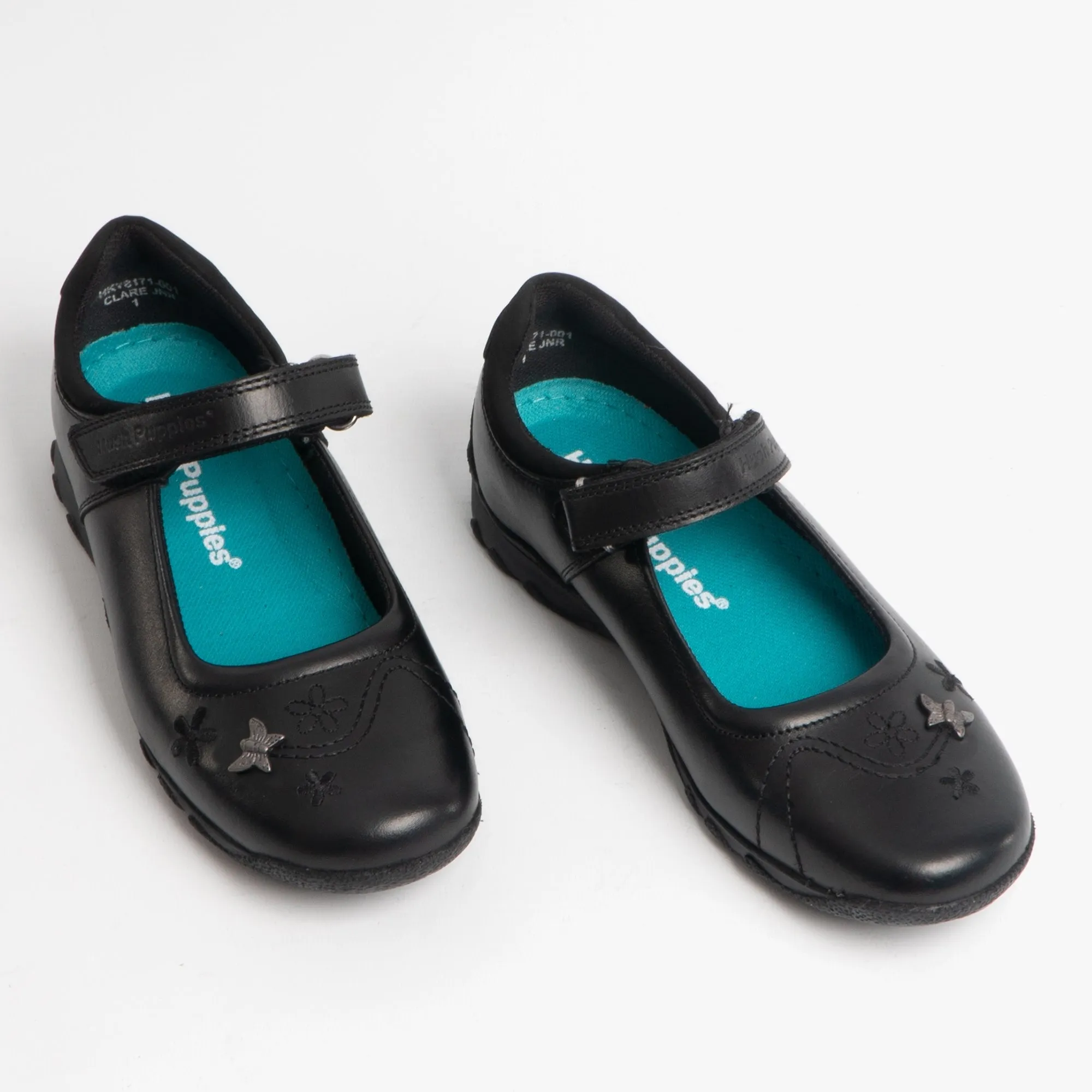 CLARE Girls Leather Touch Fasten Shoes Black