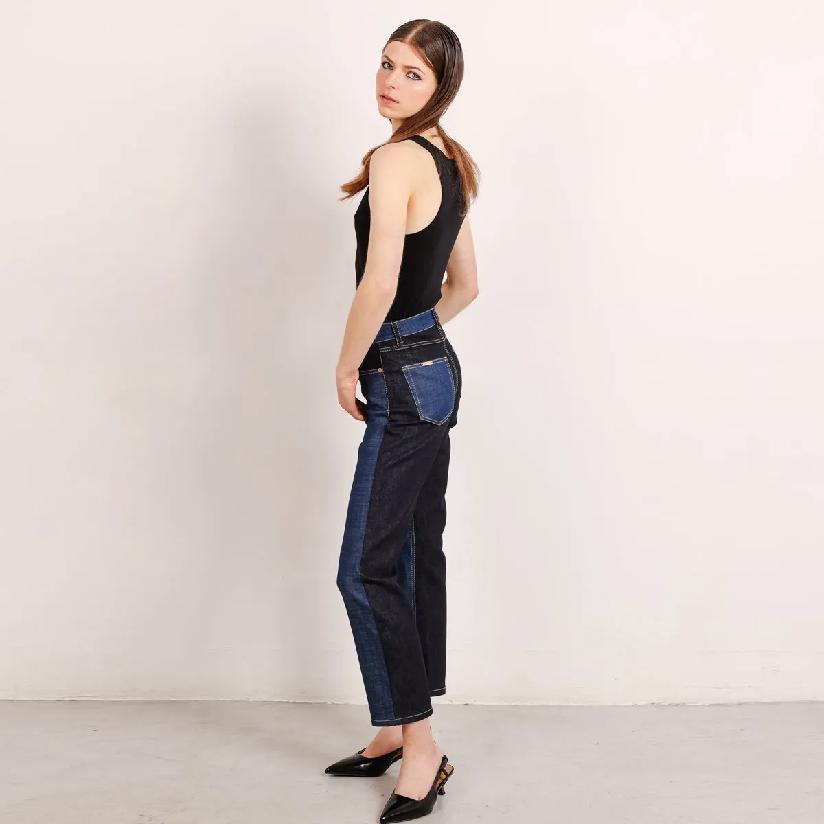 Color Block Cropped Jeans in 2 Tones of Blue