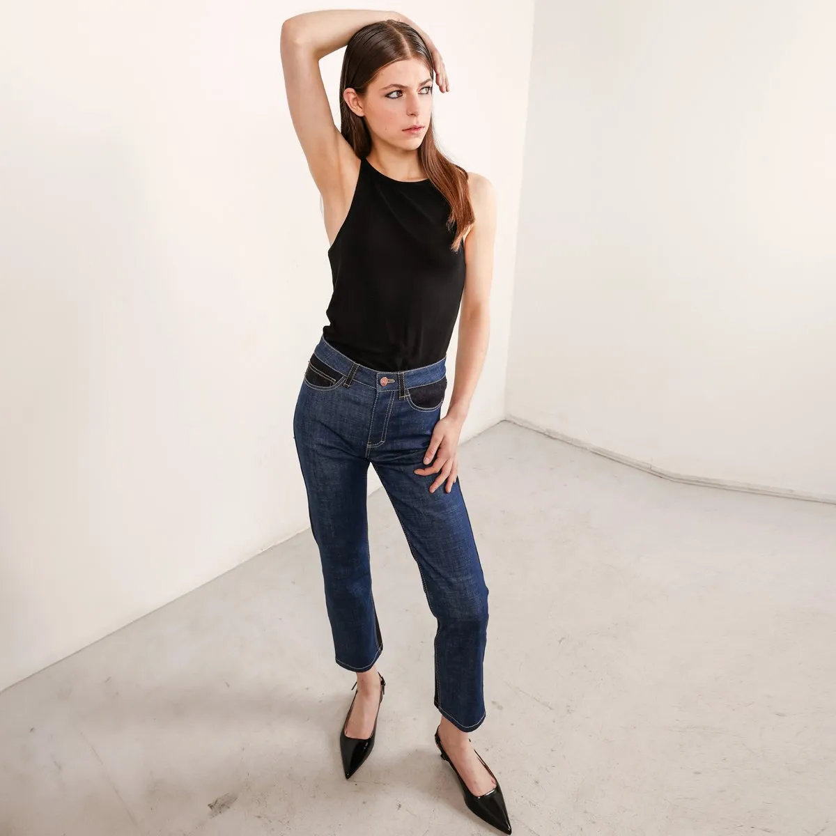 Color Block Cropped Jeans in 2 Tones of Blue