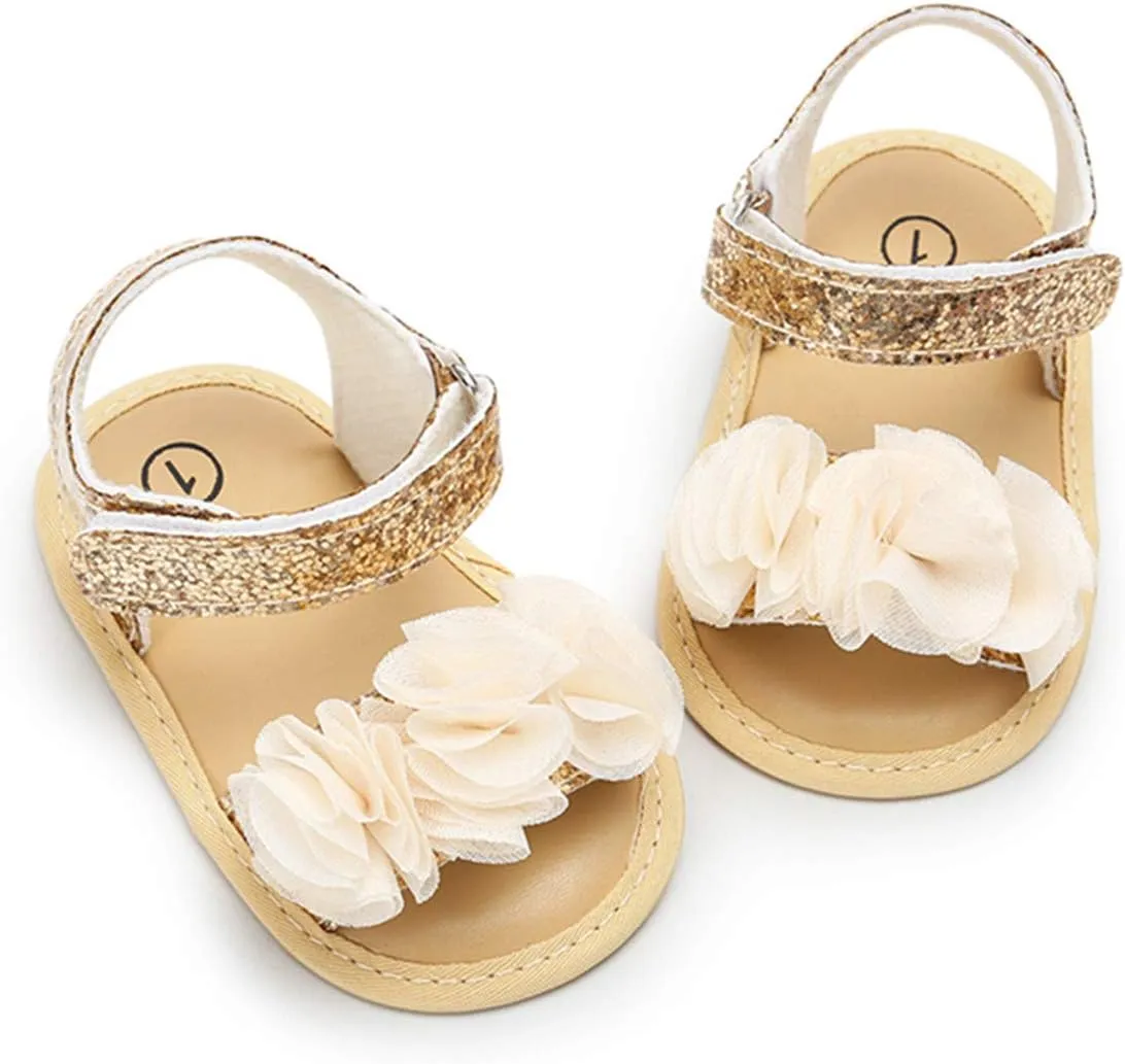 COSANKIM Infant Baby Girls Summer Sandals with Flower Soft Sole Newborn Toddler First Walker Crib Dress Shoes