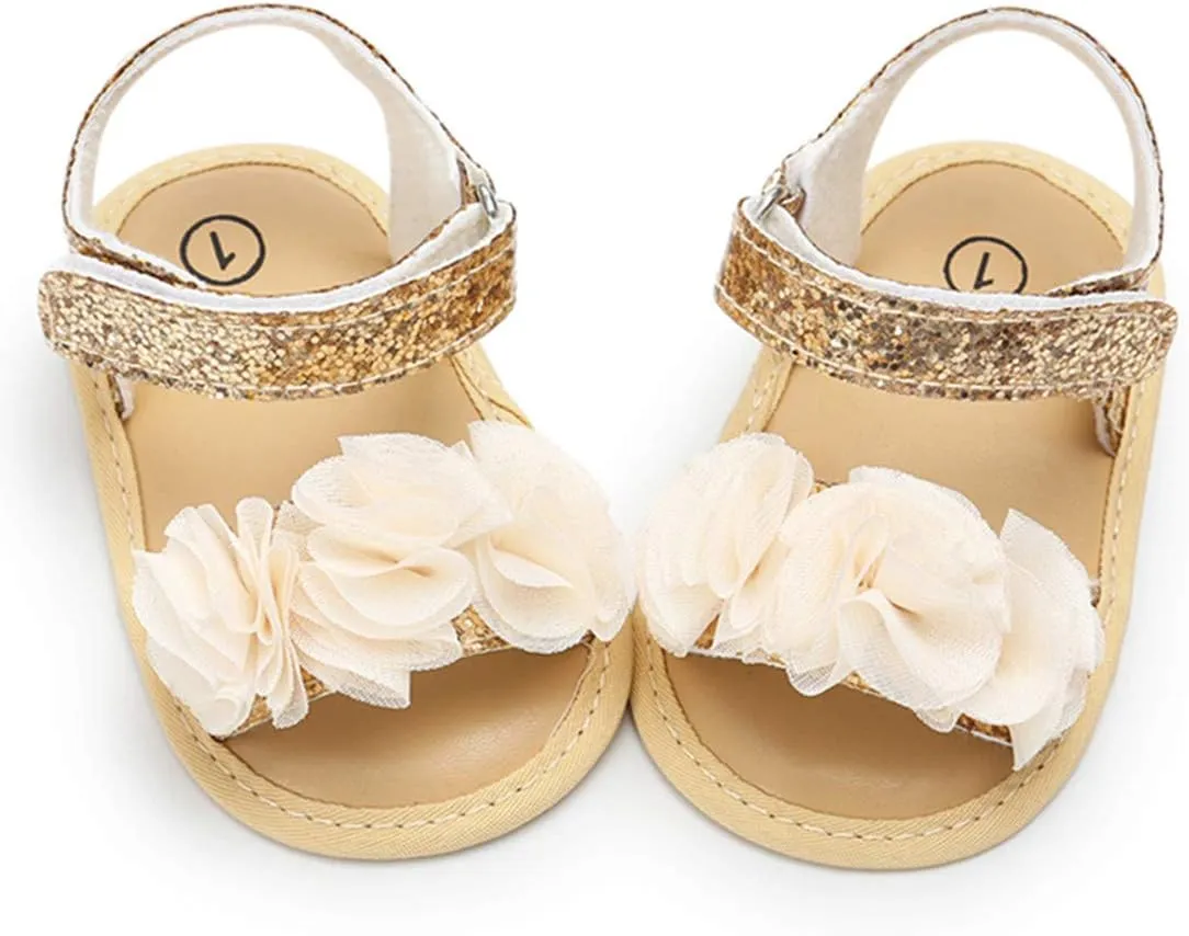 COSANKIM Infant Baby Girls Summer Sandals with Flower Soft Sole Newborn Toddler First Walker Crib Dress Shoes