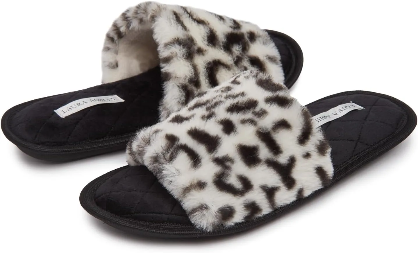 Laura Ashley Open Toe Fluffy Band Slippers for Women with Non-Skid Rugged Sole, Plush Terry Slippers for Ladies