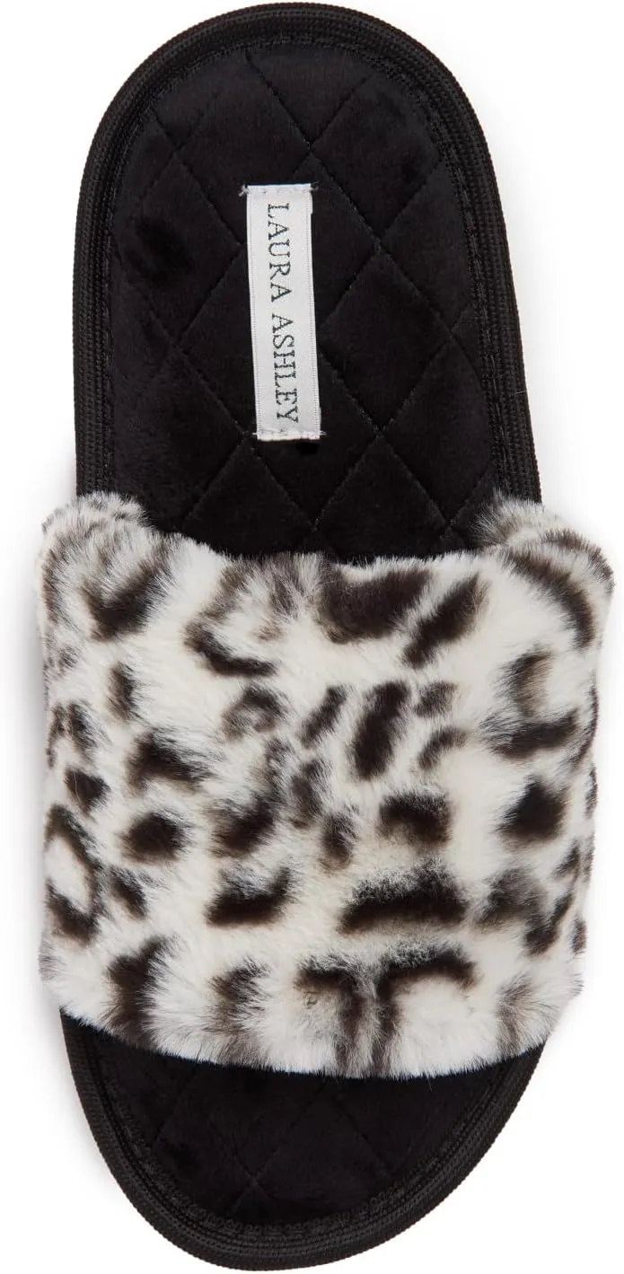 Laura Ashley Open Toe Fluffy Band Slippers for Women with Non-Skid Rugged Sole, Plush Terry Slippers for Ladies