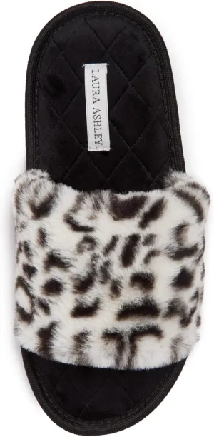 Laura Ashley Open Toe Fluffy Band Slippers for Women with Non-Skid Rugged Sole, Plush Terry Slippers for Ladies