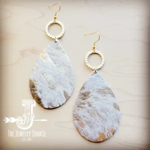 **Leather Teardrop Earrings Hair-on-Hide White Metallic w/ Matte Gold Hoop 210t
