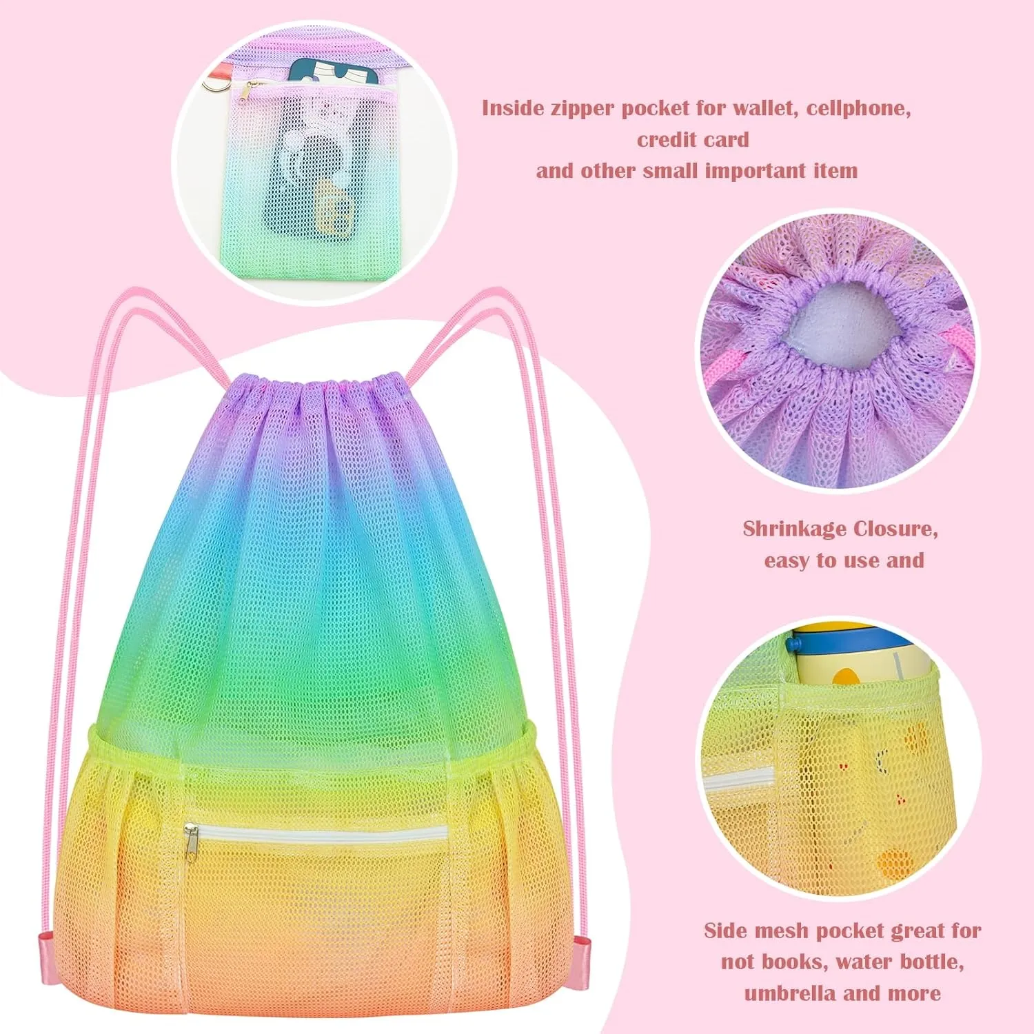 Mesh Drawstring Backpack, Large Sports Gym Bag for Women Kids with Pocket and Zipper Sackpack for Beach Yoga Football Soccer (Colorful)