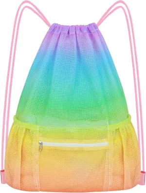 Mesh Drawstring Backpack, Large Sports Gym Bag for Women Kids with Pocket and Zipper Sackpack for Beach Yoga Football Soccer (Colorful)