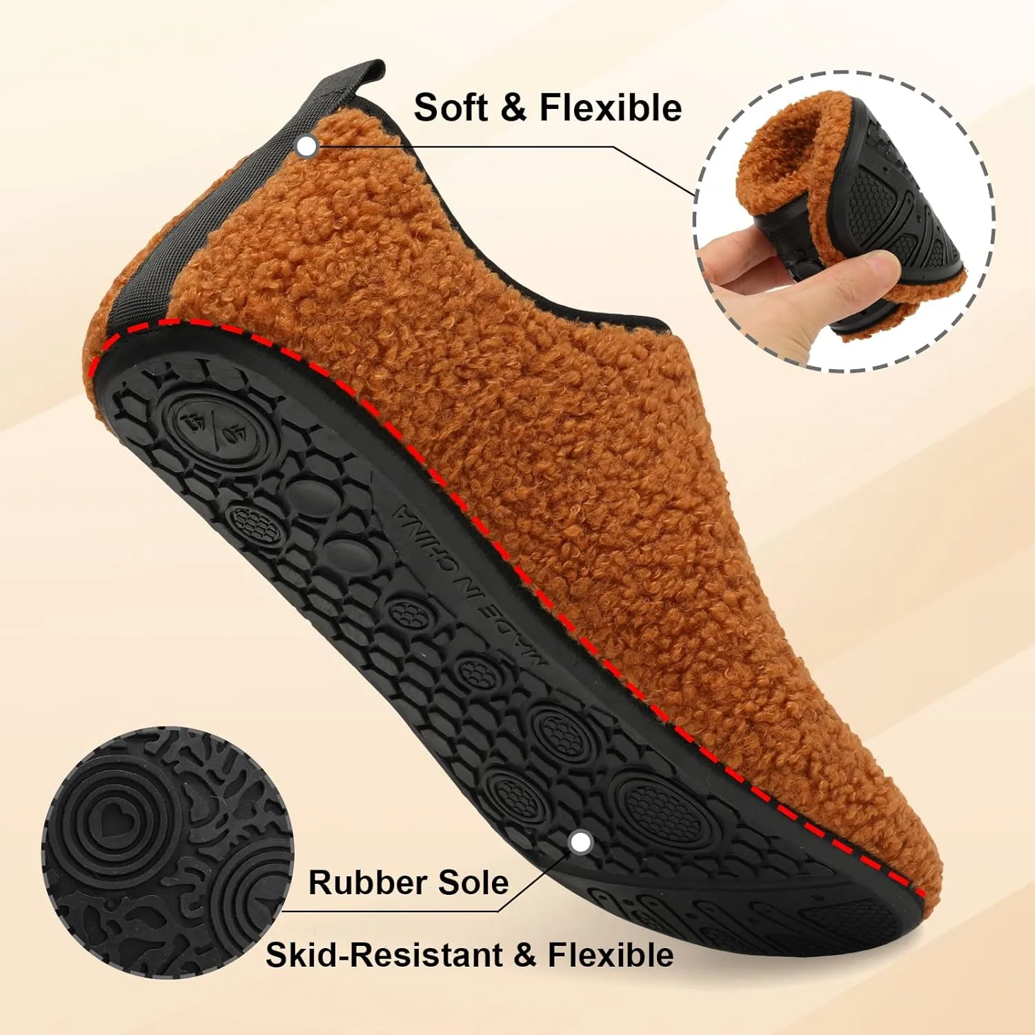 QFH Womens & Mens Cozy House Slippers - Portable Travel Shoes with Flexible Rubber Sole & Soft Velvet Lining