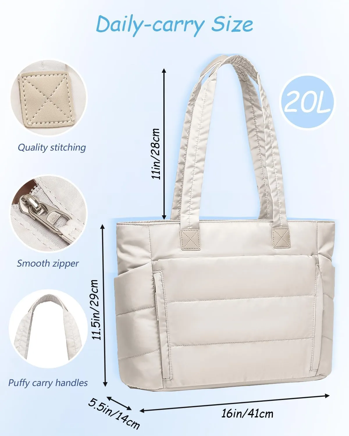 Tote Bag for Women with Zipper, Soft Puffy Bag with 10 Pockets, Quilted Handbag for Travel, Work, Sport, School