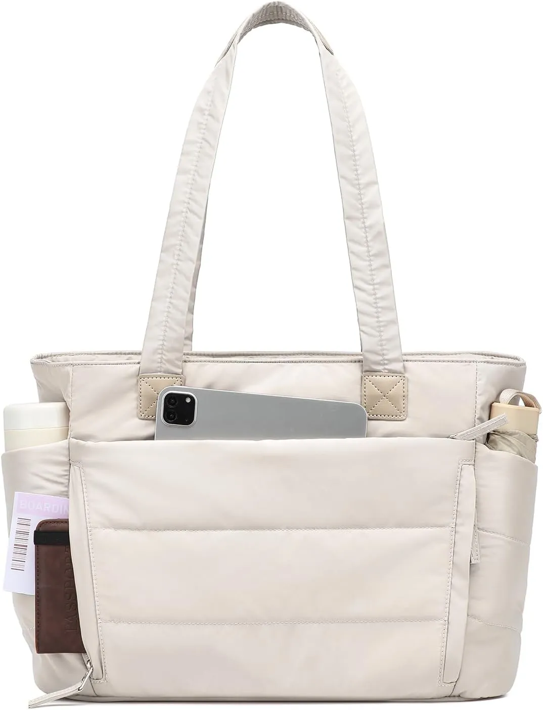 Tote Bag for Women with Zipper, Soft Puffy Bag with 10 Pockets, Quilted Handbag for Travel, Work, Sport, School