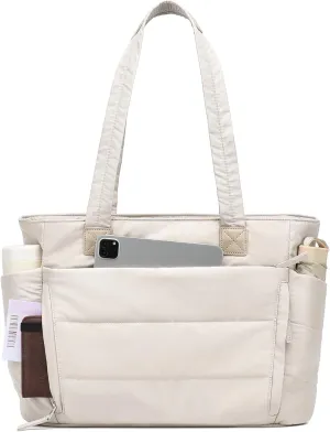 Tote Bag for Women with Zipper, Soft Puffy Bag with 10 Pockets, Quilted Handbag for Travel, Work, Sport, School