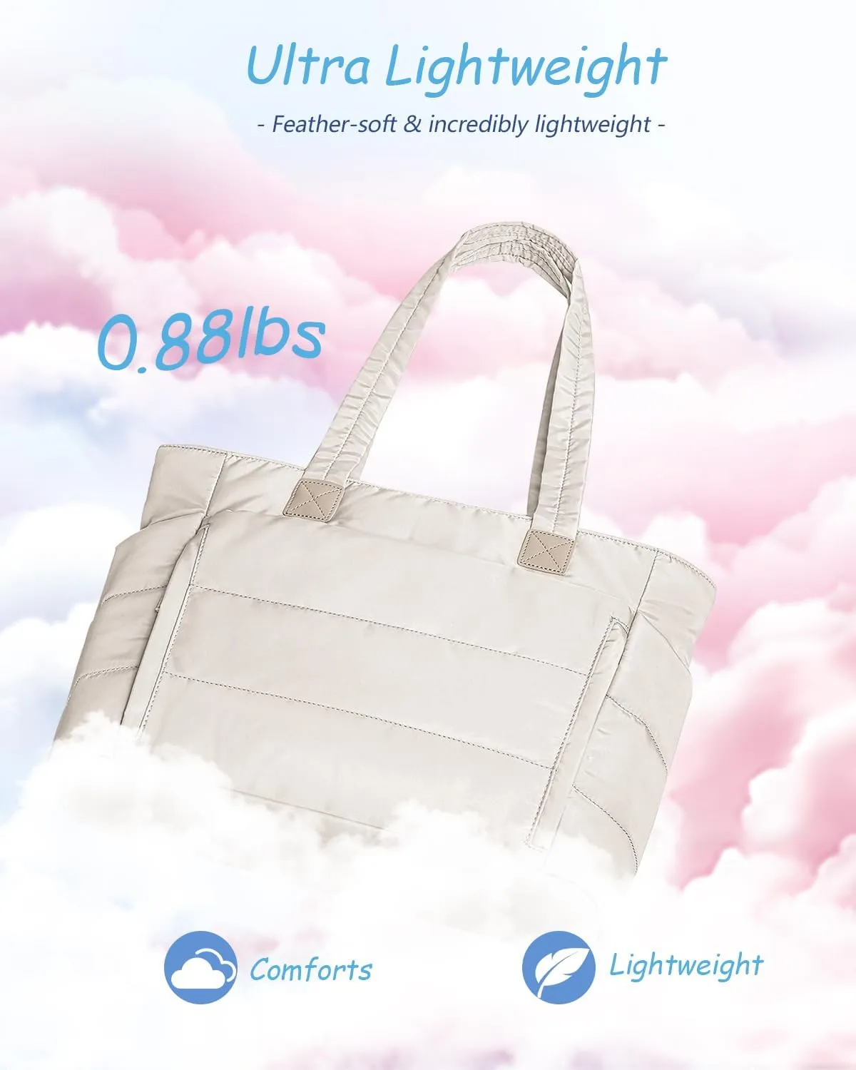 Tote Bag for Women with Zipper, Soft Puffy Bag with 10 Pockets, Quilted Handbag for Travel, Work, Sport, School