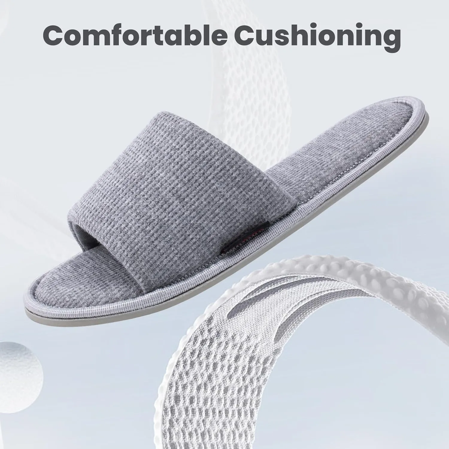 Women's Open Toe House Slippers  Breathable Waffle Fabric, Memory Foam Cushioning, Slip-On Summer Indoor Slippers, Non-Slip TPR Sole, Easy Care